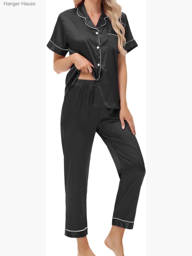 Women's Satin Pajama Set Short Sleeve Top And Pants 2-Piece Sleepwear Loungewear